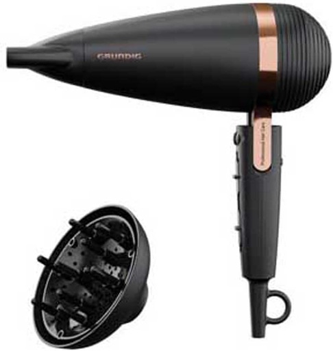 Uscător de păr GRUNDIG Naturashine HD 8080 cu funcție ionică, 2 duze de coafare, 2300 wați, 3 setări de temperatură și 2 debit de aer, tragere la rece, senzor Smart On/Off, cablu 3 m, negru/aur roz