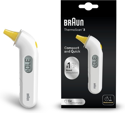 Termometru pentru ureche Braun ThermoScan 3 | Măsurare rapidă de 1 secundă | Indicator de febră sonoră | Afișaj digital | Prietenos pentru bebeluși și copii mici | Brandul #1 pentru medici (1) | IRT3030