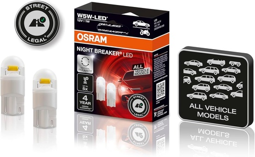 OSRAM NIGHT BREAKER LED W5W, lumina de parcare universala/lumina de pozitie/lumina interioara cu omologare rutier, pentru toate modelele de vehicule, 12V, alb