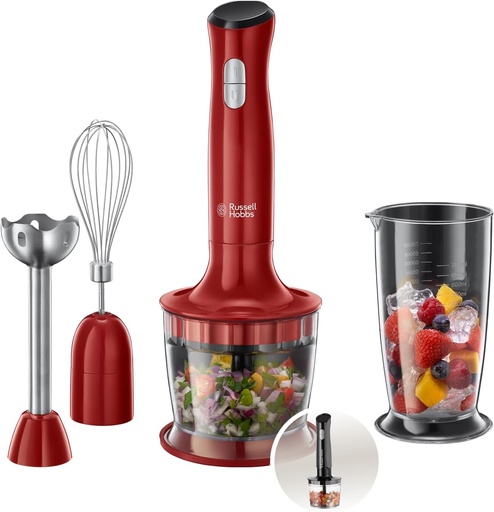 Blender de mână Russell Hobbs Red - 3-în-1 - Blender-Tocator, mixer și tel - Fără BPA și se poate spăla în mașina de spălat vase, Smoothie, Supe, Sosuri, Iaurt, Mâncare pentru copii, 24700-56