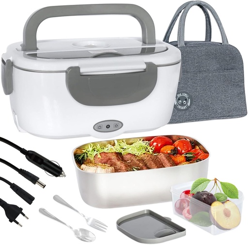 Încălzitor electric portabil pentru mâncare cu sac izolat 1,5 L (55 W 220 V), cutie de prânz electronică portabilă din oțel inoxidabil, cutie de prânz pentru birou și mașină, gri