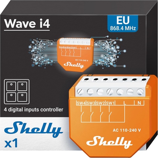 Shelly Wave i4 | Controler inteligent Z-Wave cu 4 intrari digitale | Home Automation | Control avansat | Consum redus de energie | Z-Wave Gateway Necesar | Raza wireless extinsa
