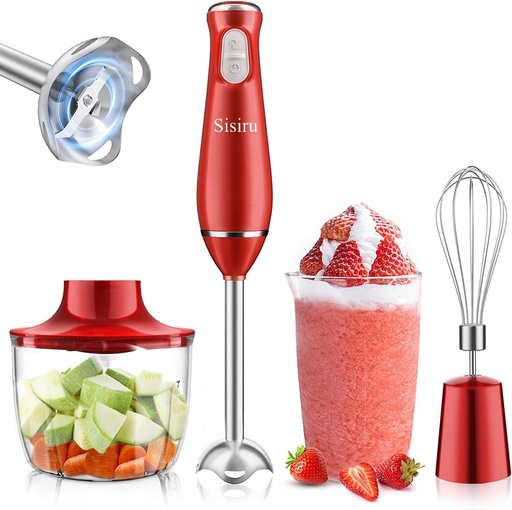 Blender de mână 4 în 1 Sisiru, blender de mână profesional de 800 W, blender de mână roșu, tocător, tel electric, fără BPA, blender de mână pentru smoothie-uri, piureuri, mâncare pentru copii