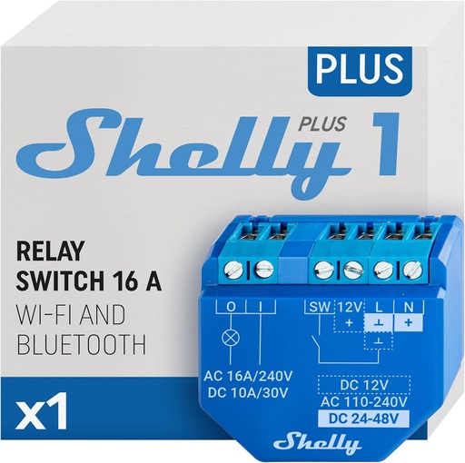 Shelly Plus 1 | Comutator pentru relee inteligente Wi-Fi și Bluetooth - 16A | Contact uscat | Comutator de lumină | Home Automation | Compatibil cu Alexa și Google Home | Aplicația iOS Android | Nu este necesar niciun hub