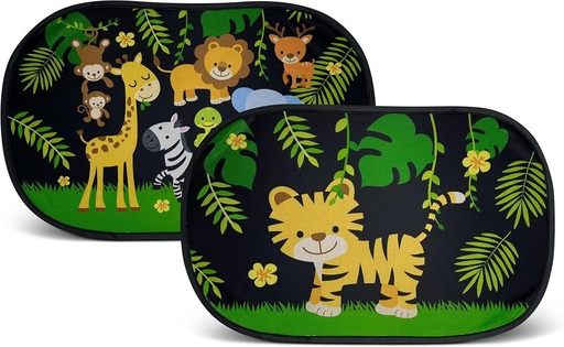 HECKBO 2x Parasolar Auto cu 8 Ventuze - Design Animal Jungle - 48x31cm - Parasolar Geam Lateral Masina - Cu Buzunar - pentru Copii, Fete si Baieti