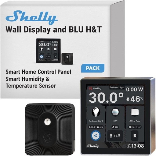 Shelly Wall Display Black + Blu H&T Black (pachet), kit de pornire pentru control inteligent și monitorizare a mediului, Wi-Fi și Bluetooth, termostat, releu integrat de 5A, cablu neutru necesar