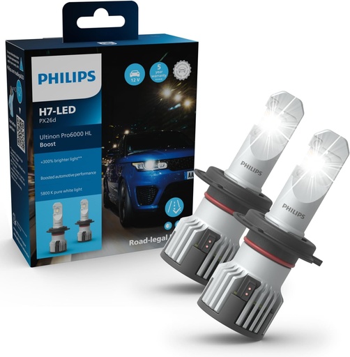 Bec far Philips Ultinon Pro6000 Boost H7 LED cu omologare rutieră*, lumină cu 300% mai strălucitoare**, argintiu