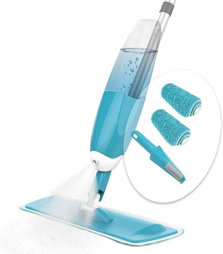 VOUNOT Mop cu functie de pulverizare, mop de pulverizare cu rezervor de apa de 650 ml, mop de podea cu duza de pulverizare, mop de pulverizare cu 2 huse din microfibra, albastru