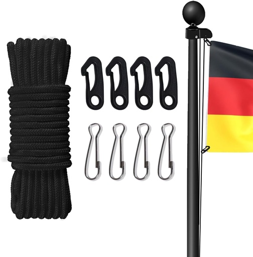 Frânghie pentru catarg de 15 m, frânghie pentru catarg, frânghie pentru steag din poliester negru de 6 mm cu 4 cleme de cârlig pentru steag, cuier de haine, velă, plasă de baschet etc. Utilizare în aer liber
