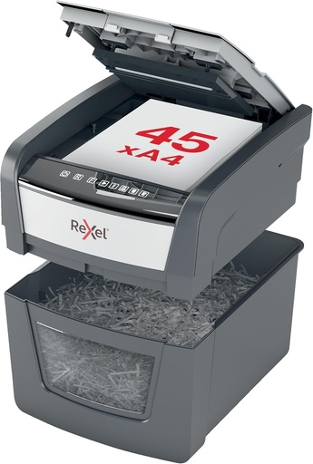 REXEL Optimum Auto Feed+ 45X, Difuzor automat de documente, 45-50 coli (80-70 g/m²), Taiere transversala, Nivel de securitate P-4, pentru casa si birou, capacitate 20 litri, 2020045XEU
