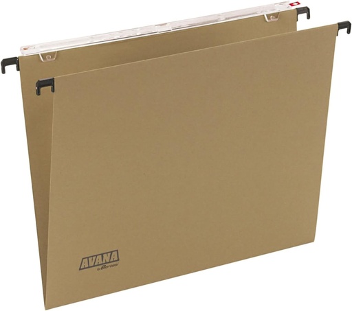 Avana(R) by Bertesi, dosar suspendat pentru sertare, foaie, vizualizator rigid de 29 cm lungime. Cotor in forma de V, carton Kraft 100% reciclat, maro, pachet de 50. Ref. 060/365 Beta -B1