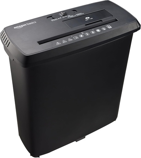 Tocator de taiat banda cu 8 coli Amazon Basics (model nou), distruge si CD-uri si carduri de credit, negru