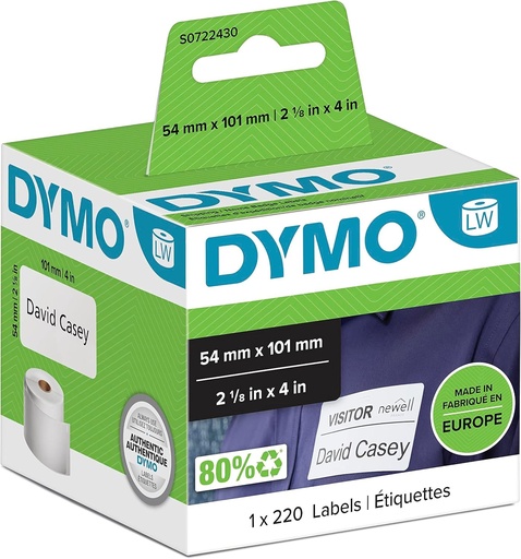 DYMO Original LabelWriter Etichete de expediere/Etichete de nume (Mare) | 54 mm x 101 mm | Rola de 220 de etichete usor de decojit | Autoadeziv | pentru imprimantele de etichete si producatorii de etichete LabelWriter