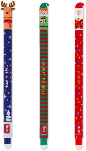 Legami - Set de 3 pixuri cu gel sters, editie de Craciun, pixuri cu cerneala stergabila sensibila la caldura, rosu, albastru, verde, stilou sters de Craciun, sterge fara consumarea hartiei