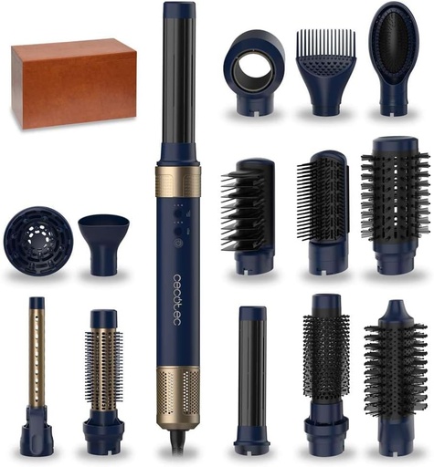 Perie Cecotec cu aer cald, coafat si netezire - 14 capete - Tehnologia Coanda CeramicCare 14-in-1 AirGlam Blue. 1400W, motor digital, 3 temperaturi
