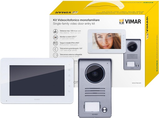 Kit interfon video de perete unifamilial Vimar K40910, placă gri și monitor alb