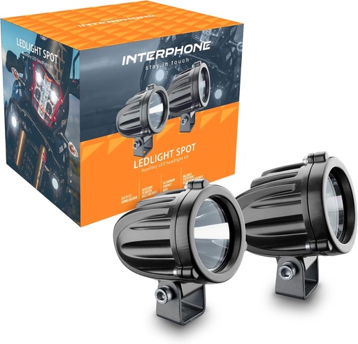 INTERPHONE LEDLIGHT10SPOT - Pereche de spoturi LED frontale pentru motociclete - Omologate ECE R112 pentru drumuri - Putere de 10 W - 990 Lumeni - Modelul fasciculului luminos SPOT