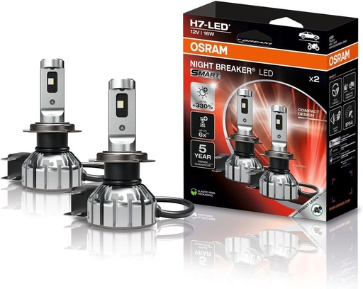 OSRAM NIGHT BREAKER LED SMART H7; cu până la 330% mai multă luminozitate; LED-uri omologate pentru faza lungă și scurtă, 6000K, 12V