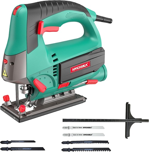 Ferastrau alternativ HYCHIKA 800W, adancime de taiere 110 mm, 800-3000 rpm, 6 viteze variabile, unghi de tesire reglabil +/-45°, potrivit pentru metal si lemn
