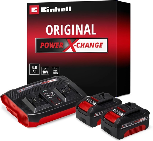 Kit de pornire original Einhell cu 2 baterii de 4,0 Ah și încărcător dublu Power X-Change (Li-Ion, 18 V, timp de încărcare de 75 de minute, potrivit pentru toate dispozitivele Power X-Change)