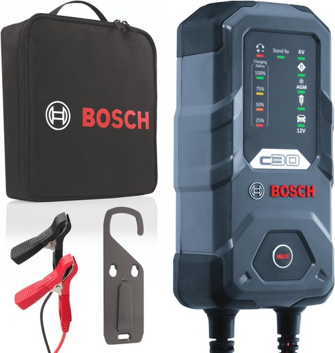 Incarcator de baterii auto Bosch C30, 6 V - 12 V / 3,8 A, cu incarcare de intretinere - pentru baterii plumb-acid de 6 V/12 V, EFB, GEL, AGM si SLI