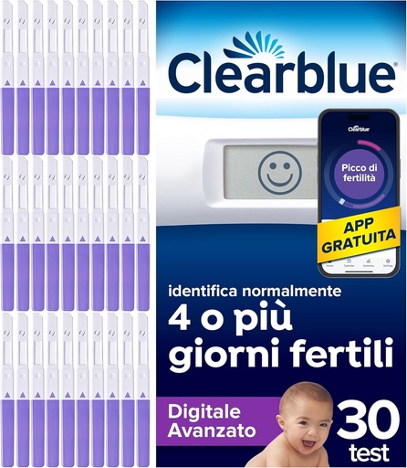 Testul de ovulatie digital avansat Clearblue. Creste-ti sansele de a ramane insarcinata. 1 suport de test digital si 30 de bete de testare.