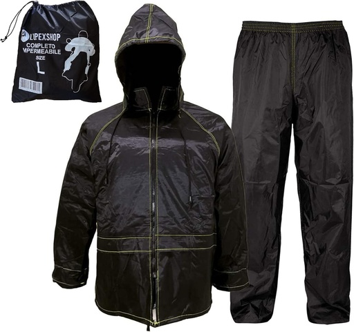 Accesorii auto Lupex - Costum moto impermeabil, rezistent la ploaie și la vânt, mărime 3XL, cu geantă, negru, set de jachetă de ploaie și pantaloni cu glugă retractabilă, unisex