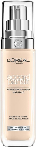 Fond de ten lichid L'Oreal Paris, ten uniform si iluminat, finisaj natural, pentru toate tipurile de ten, formula cu acid hialuronic, Accord Parfait, nuanta: 1N fildes, 30 ml