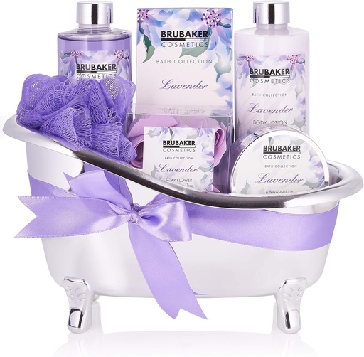 BRUBAKER Cosmetics Set de baie și duș cu lavandă - Set cadou de 7 piese într-o cadă decorativă