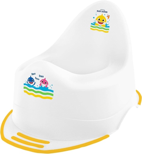 Scaun de antrenament pentru olita Baby Shark 18M + Toaleta cu personaj de desene animate, Scaun de antrenament pentru toaleta pentru copii unisex, antiderapant, alb/galben, greutate maxima 40 kg, compact si usor
