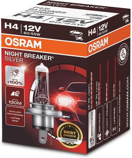 OSRAM NIGHT BREAKER SILVER H4, +100% lumina, bec far cu halogen, 64193NBS, 12V, masina, cutie (1 lampa)