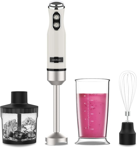Blender de mana Cecotec Retro Power RetroBeige 1200MAX Cream&Crush. 1200W, lame incrucisate din titan, 2 viteze, accesorii, design vintage, protectie impotriva stropilor, borcan de 0,5 l, se poate spala in masina de spalat vase. DEFECT
