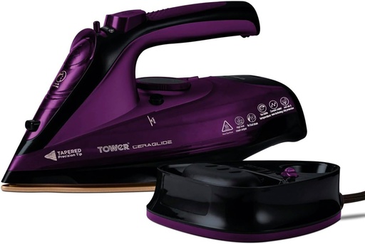 Fier de călcat cu abur Tower T22008 CeraGlide cu talpă ceramică, fier de călcat cu abur, fier de călcat 2 în 1 fără fir și cablu, fier de călcat, violet