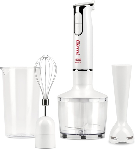 Blender de imersiune Girmi MX17 cu kit, blender-mixer-otel 3 în 1, 400 W, motor DC, 2 viteze, lame din oțel inoxidabil, cană de măsurare 700 cc inclusă, alb