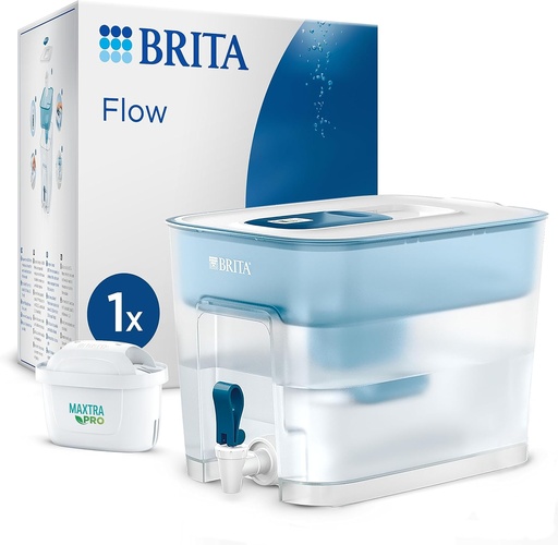 Distribuitorul de apă filtrată BRITA Flow (8,2 L) include 1 cartuş filtrant MAXTRA PRO All-in-1(2) reduce(3) clorul, anumite pesticide, anumite PFAS, calcar