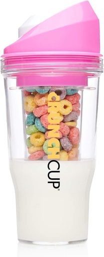 CrunchCup Pahar portabil de cereale din plastic pentru micul dejun din mers, ceasca cu cereale si lapte pentru cerealele preferate pentru micul dejun, nu este nevoie de lingura sau bol, marime XL, roz