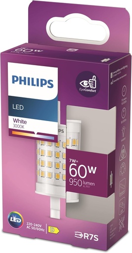 Lampa tubulara LED standard Philips cu 60 W cu lungimea de 78 mm, soclu cu 2 pini, lumina alba calda (3000K), noua generatie