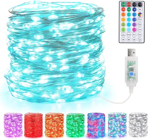 Lumini colorate, BrizLabs 10m 100 LED USB 18 Lumini multicolore care se schimba Lumini de interior argintiu cu telecomanda pentru dormitor, in aer liber, petrecere de Craciun, gradina