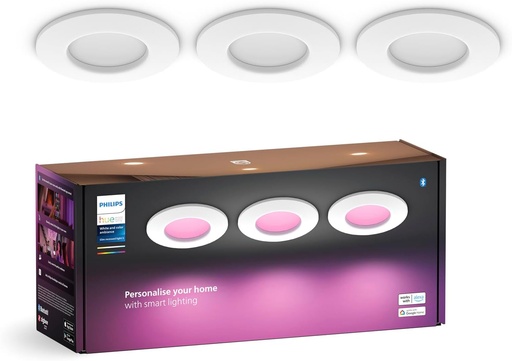 Lampă încasabilă Philips Hue Smart Slim, pachet de 3, 90 mm, lumină albă și colorată, compatibil Bluetooth, control vocal cu Alexa, Apple Home și Asistent Google, alb