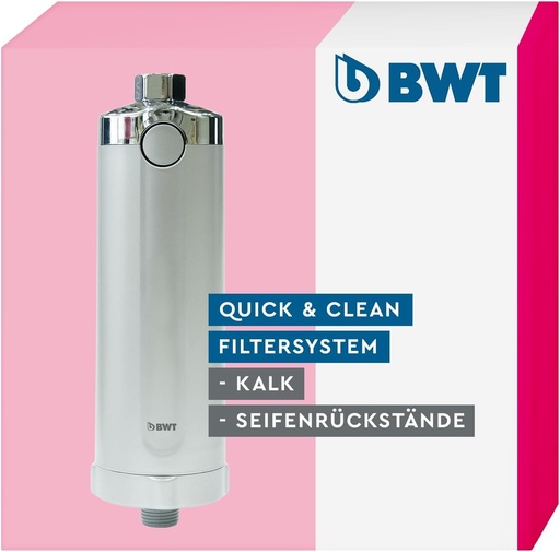 Sistem de filtrare anticalcar BWT Quick & Clean cu 1 cartus filtrant | Protectie de calcar pentru bai | Filtru de dus in linie filtru de apa | Auto-asamblare | Pentru armaturi, sticla si gresie