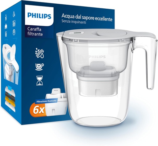 Filtru de apă Philips + 6 cartușe de filtru de schimb Micro X-Clean, flux rapid, alb, 2,6 litri, temporizator electronic