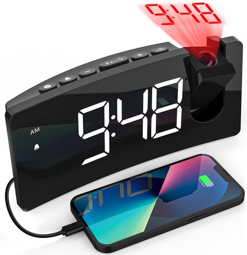 Ceas desteptator cu proiector GOLOZA, Ceas cu alarma digital de noptiera cu proiector cu rotatie de 180°, incarcator USB, alarme duble, 4 niveluri de luminozitate si amanare, 12/24 h, ceas cu alarma digital de tavan, alb