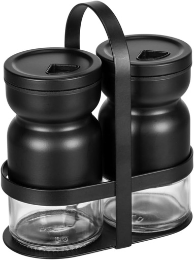 WENKO Set de pilițe cu scuturator de condimente Mod. Melli, 3 piese, 2 agitatoare și 1 suport, pentru condimente fine și grosiere, sticlă și metal acoperit cu pulbere, transparent/negru