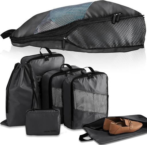 Packing Cubes Compression, 6 bucăți cub de compresie organizator de valiză pentru rucsac și valiză Organizator de valiză extensibil ultraușor cub de călătorie gri