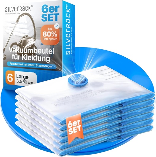 Saci de depozitare în vid SilverRack pentru haine [6 bucăți] Dimensiune (60x80 cm) - Fără BPA - Saci de depozitare în vid pentru haine - Saci de vid pentru economisirea spațiului