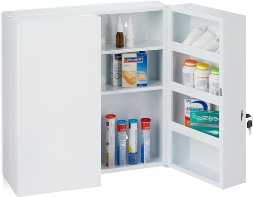 Relaxdays dulap de medicamente XXL cu 2 usi, otel, 11 compartimente, incuiabil, 53 x 52.5 x 19.5 cm, alb