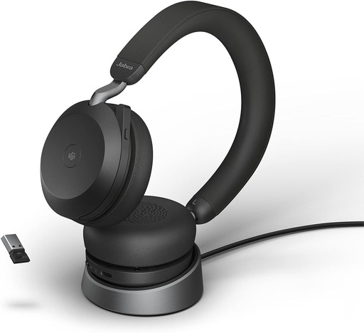Casti wireless Jabra Evolve2 75 pentru PC cu statie de incarcare si tehnologie cu 8 microfoane - Casti stereo cu spuma dubla, anulare activa avansata a zgomotului, adaptor Bluetooth USB-A si compatibilitate MS - Negre