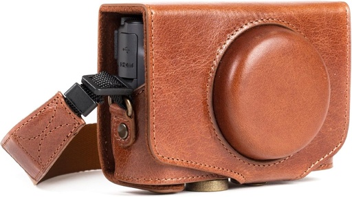 MegaGear MG1177 Husa foto din piele naturala Ever Ready pentru Canon PowerShot SX740 HS, SX730 HS cu curea de transport - Maro inchis