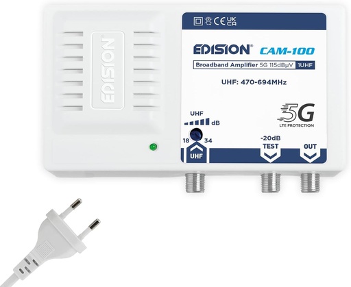 Amplificator de banda larga EDISION CAM-100 1UHF, 18-34dB reglabil, 115dBmV, amplificator de antena potrivit pentru DVB-T/T2 terestra, filtru 5G LTE, gama de frecventa UHF 470-694MHz