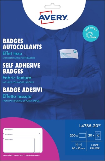 Etichete cu nume AVERY Zweckform L4785-20 (200 de etichete cu nume, 80x50mm pe A4, autoadezive, etichete textile din matase acetata imprimabile pentru imprimante laser, detasabile fara reziduuri) 20 de coli, albe